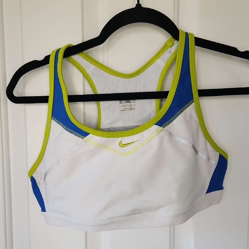 Nike Women's White and Blue Sports Bra with Neon Trim